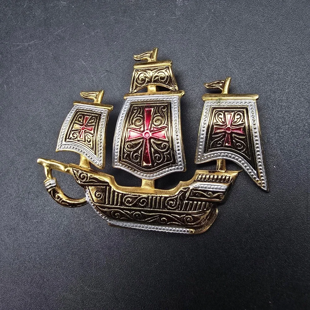 Damascene Ship Boat Brooch Gold Tone White Black Red Spain Vintage